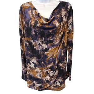 Simply Vera Vera Wang Womens Floral Abstract Cowl Neck Top Long Sleeve Sz M Boho